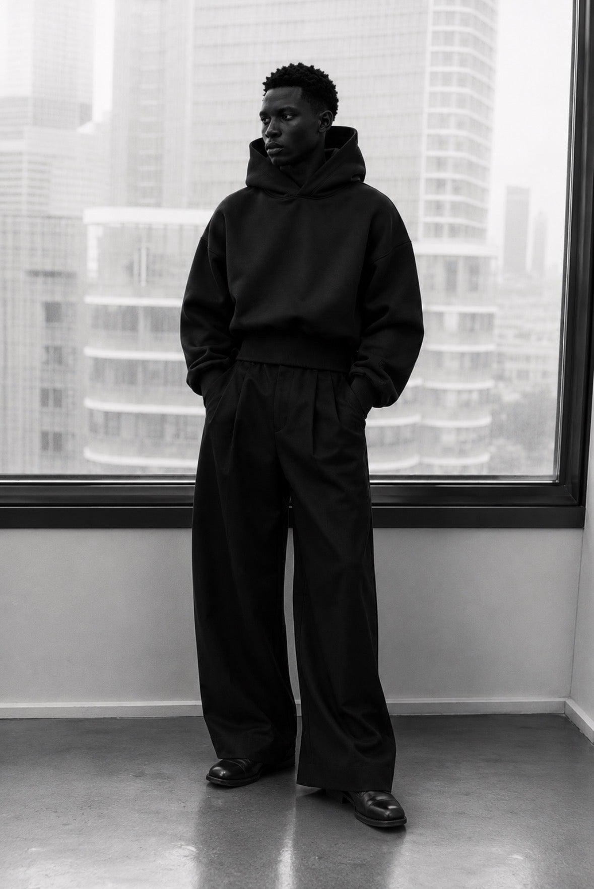 Model in an all-black architectural Maison Malik look